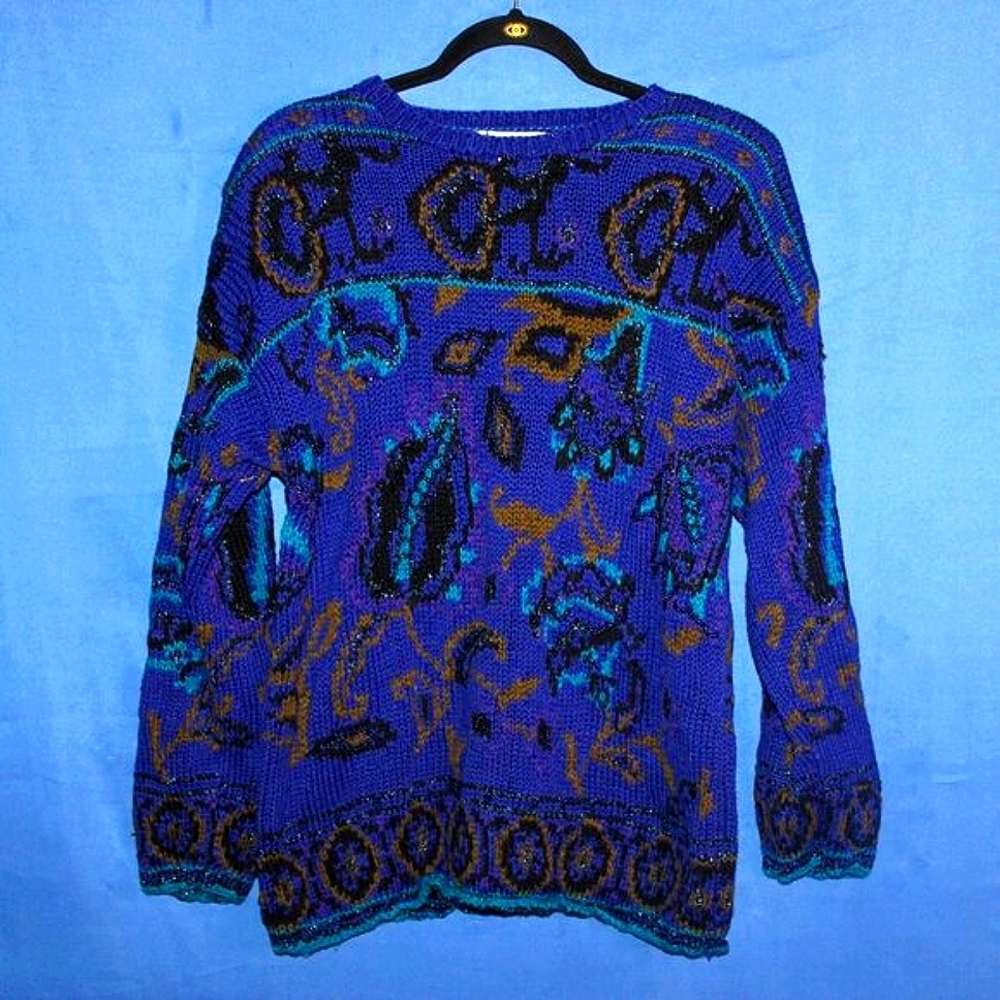 Needleworks Paisley Knit Sweater Purple Large - Vintage 1990s
